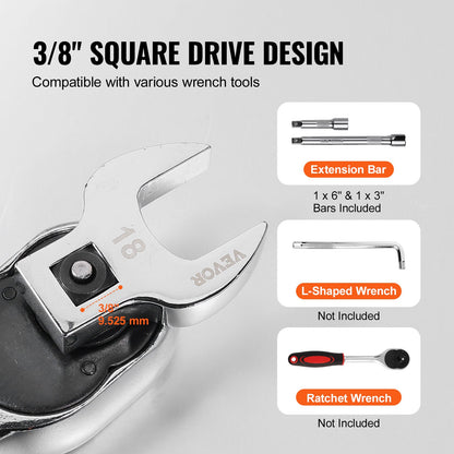 Krähenfußschlüsselsatz, 3/8"-Antrieb, 20-teiliger Krähenfußschlüsselsatz mit 2 Verlängerungen und EVA-Werkzeugorganizer, SAE 3/8"-7/8" und metrisch 10-22 mm, 40CR-Material mit hochglanzverchromter Oberfläche