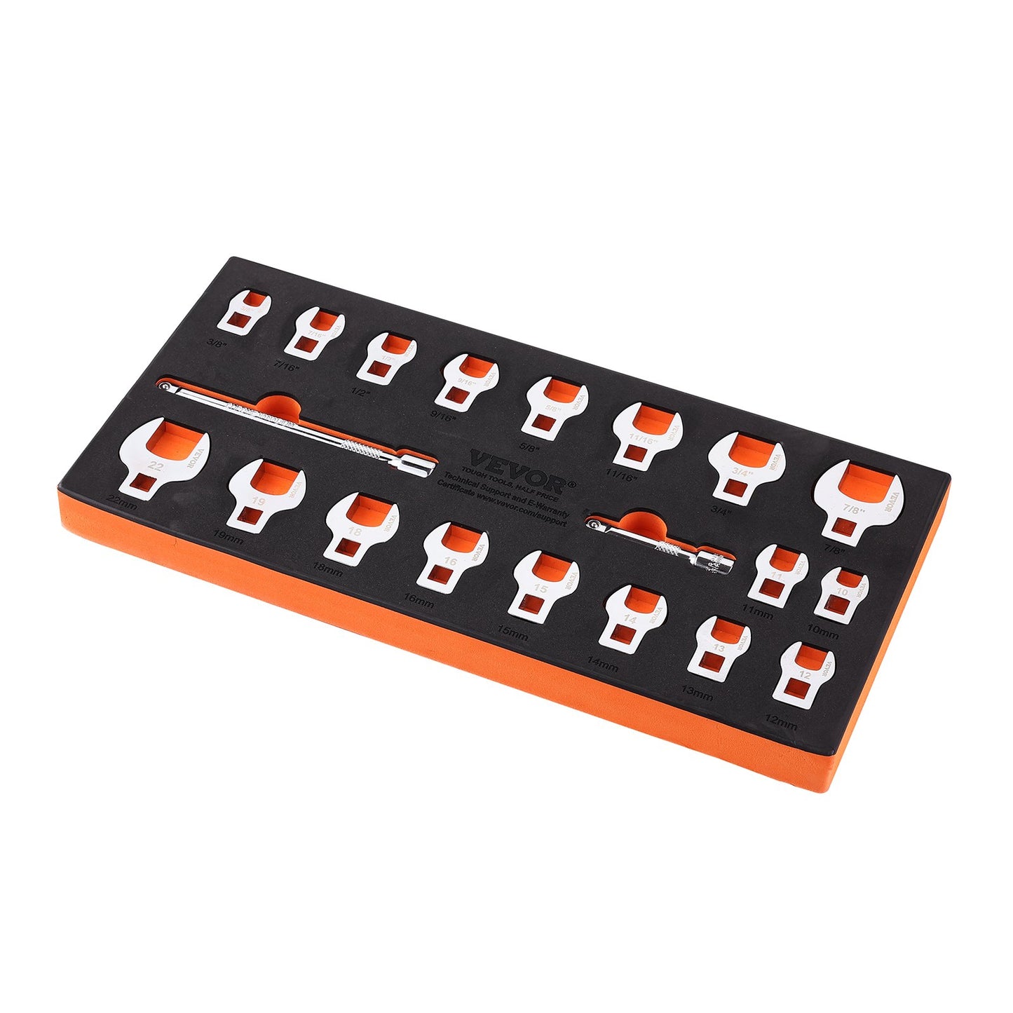 Krähenfußschlüsselsatz, 3/8"-Antrieb, 20-teiliger Krähenfußschlüsselsatz mit 2 Verlängerungen und EVA-Werkzeugorganizer, SAE 3/8"-7/8" und metrisch 10-22 mm, 40CR-Material mit hochglanzverchromter Oberfläche