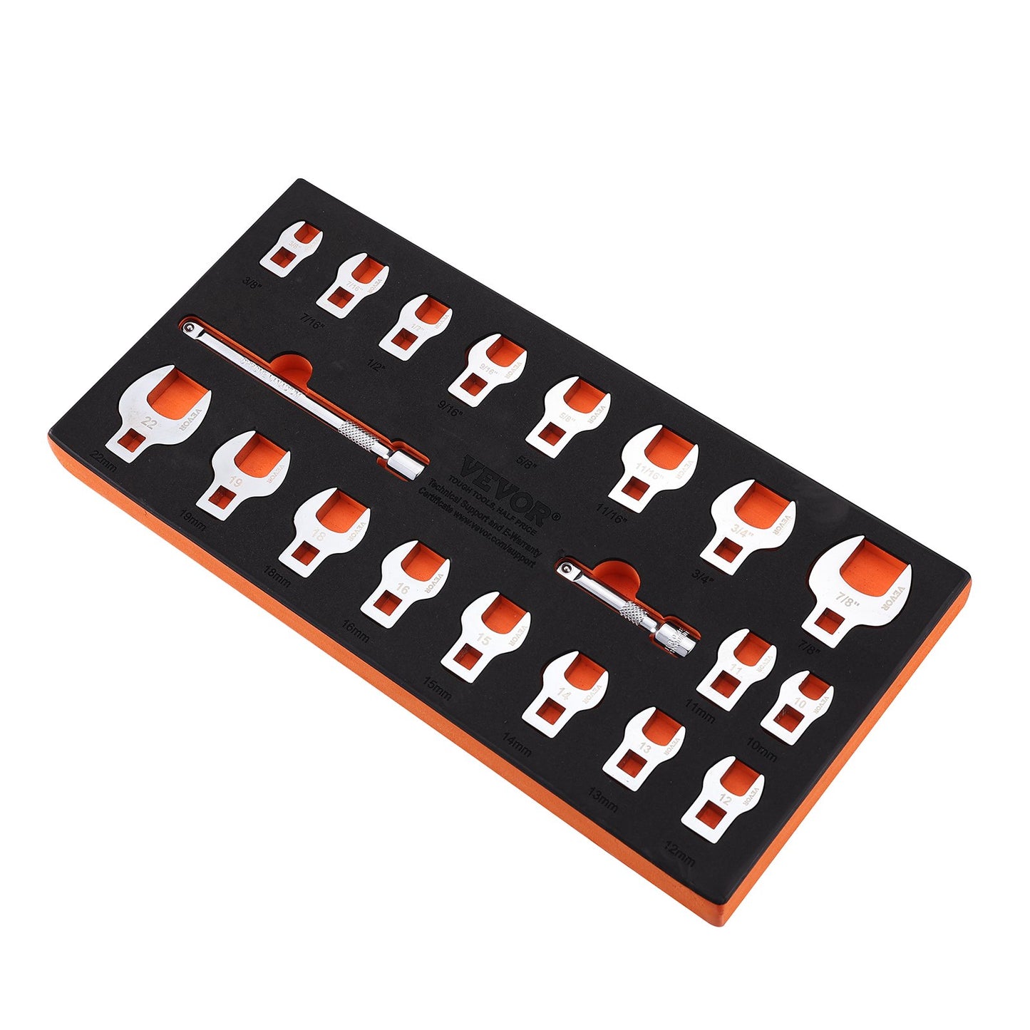 Krähenfußschlüsselsatz, 3/8"-Antrieb, 20-teiliger Krähenfußschlüsselsatz mit 2 Verlängerungen und EVA-Werkzeugorganizer, SAE 3/8"-7/8" und metrisch 10-22 mm, 40CR-Material mit hochglanzverchromter Oberfläche