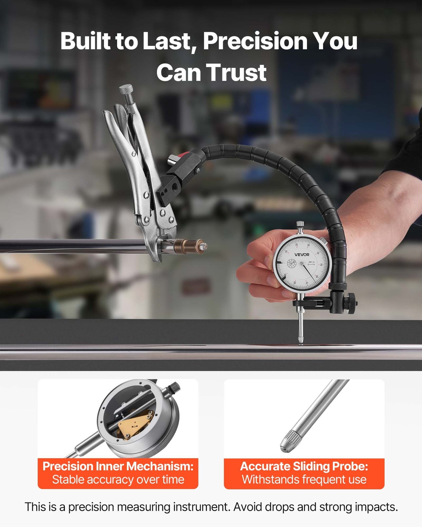 Dial Test Indicator with 360° Flexible Arm and 360° Locking Pliers, 0.03 mm Accuracy, 0-25.4mm Range, Professional for Machine Set-Up, Narrow Area Measurement, Storage Case