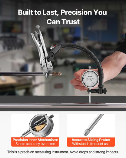 Dial Test Indicator with 360° Flexible Arm and 360° Locking Pliers, 0.03 mm Accuracy, 0-25.4mm Range, Professional for Machine Set-Up, Narrow Area Measurement, Storage Case