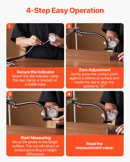 Dial Test Indicator with 360° Flexible Arm and 360° Locking Pliers, 0.03 mm Accuracy, 0-25.4mm Range, Professional for Machine Set-Up, Narrow Area Measurement, Storage Case