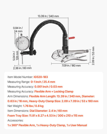 Dial Test Indicator with 360° Flexible Arm and 360° Locking Pliers, 0.03 mm Accuracy, 0-25.4mm Range, Professional for Machine Set-Up, Narrow Area Measurement, Storage Case
