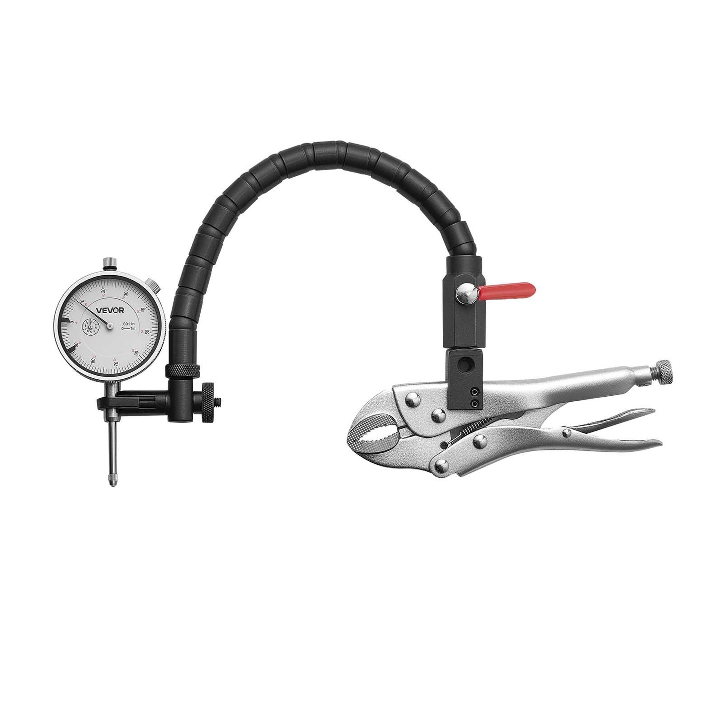 Dial Test Indicator with 360° Flexible Arm and 360° Locking Pliers, 0.03 mm Accuracy, 0-25.4mm Range, Professional for Machine Set-Up, Narrow Area Measurement, Storage Case
