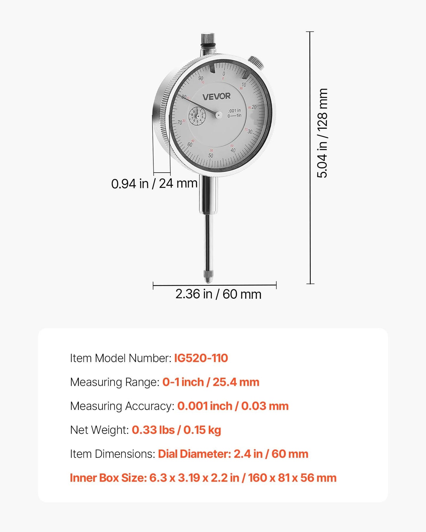 Messuhr, Genauigkeit 0,03 mm, Messbereich 0–25,4 mm, gut ablesbares großes Zifferblatt, professionell für Innendurchmessermessung, Rundlaufprüfung und Ebenheitsprüfung