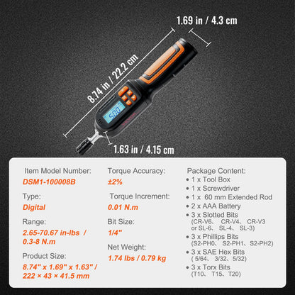 Digital Torque Screwdriver, 0.64 cm Drive Screwdriver Torque Wrench, Electrician Torque Screwdriver with LCD, 0.30-7.98 N·m Torque Range, 0.01 N·m Increment Torque Screwdriver with Bits & Case