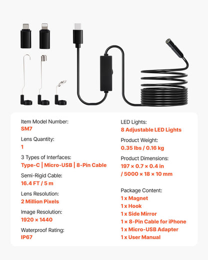 Endoscope Camera with Light, 1920P HD Borescope for Android & IOS, 8 LED Lights Inspection Camera with 5m Semi-Rigid Cable, 2X Zoom, IP67 Waterproof Snake Scope Camera for Auto, Plumbing