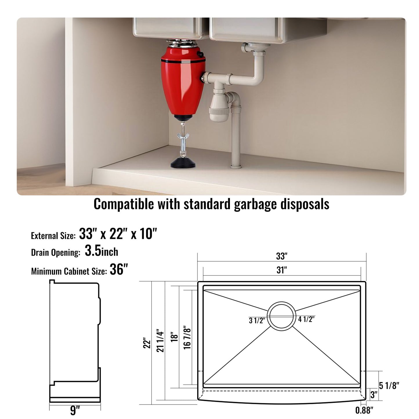 Landhausküchenspüle, Einbauspüle aus Edelstahl 304, Aufsatzbecken mit Ablage und Zubehör, haushaltsübliche Spülmaschinenspüle für Arbeitsflächen, Vorbereitungsküchen und Bars, 84 cm (33 Zoll)