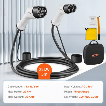 Type 2 to Type 2 EV Charging Cable, 32Amp, 22kW 5 Meters Three Phase Electric Vehicle Car Charging Cable, IP66 Waterproof w Carry Bag, for IEC62196 EV & Plug-in Hybrid Electric Vehicle, CE&TUV