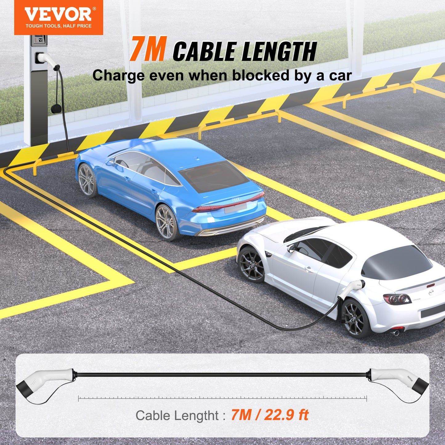 Type 2 to Type 2 EV Charging Cable, 32Amp, 22kW 7 Meters Three Phase Electric Vehicle Car Charging Cable, IP66 Waterproof w Carry Bag, for IEC62196 EV & Plug-in Hybrid Electric Vehicle, CE&TUV