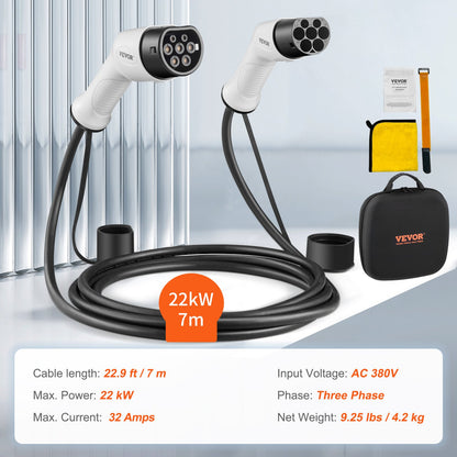 Type 2 to Type 2 EV Charging Cable, 32Amp, 22kW 7 Meters Three Phase Electric Vehicle Car Charging Cable, IP66 Waterproof w Carry Bag, for IEC62196 EV & Plug-in Hybrid Electric Vehicle, CE&TUV