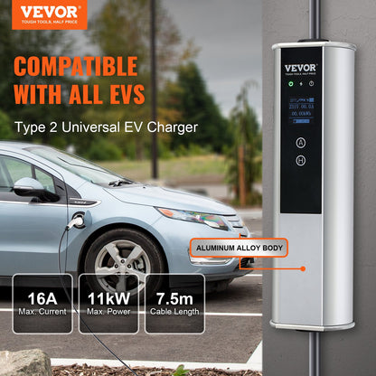 Portable EV Charger Type 2, 16A 3.68 kW/11 kW, Electric Vehicle Car Charger with 7.5 M Charging Cable CEE 16 Plug LCD, IEC 62196 Home EV Charging Station with Carry Bag Charging Cable Hook, IP66