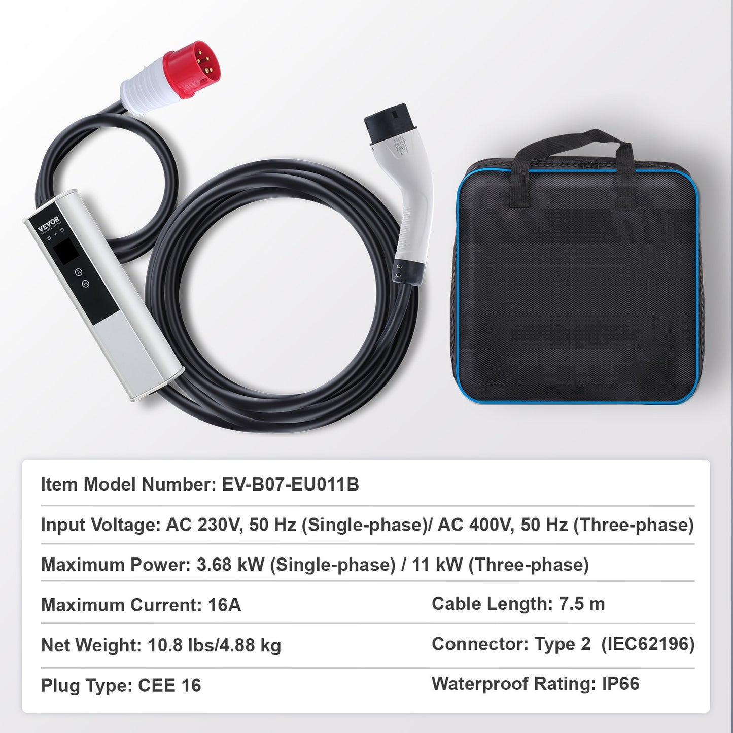 Portable EV Charger Type 2, 16A 3.68 kW/11 kW, Electric Vehicle Car Charger with 7.5 M Charging Cable CEE 16 Plug LCD, IEC 62196 Home EV Charging Station with Carry Bag Charging Cable Hook, IP66