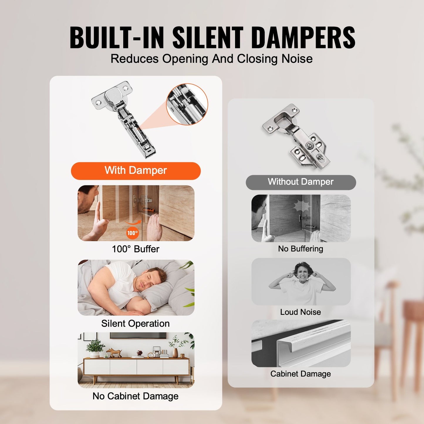 Scharniere für Küchenschränke, 50er-Packung, vollflächige Scharniere für Küchenschranktüren, 100° Öffnungswinkel, sanft schließende, verdeckte Scharniere für rahmenlose Schränke, inklusive Befestigungsschrauben