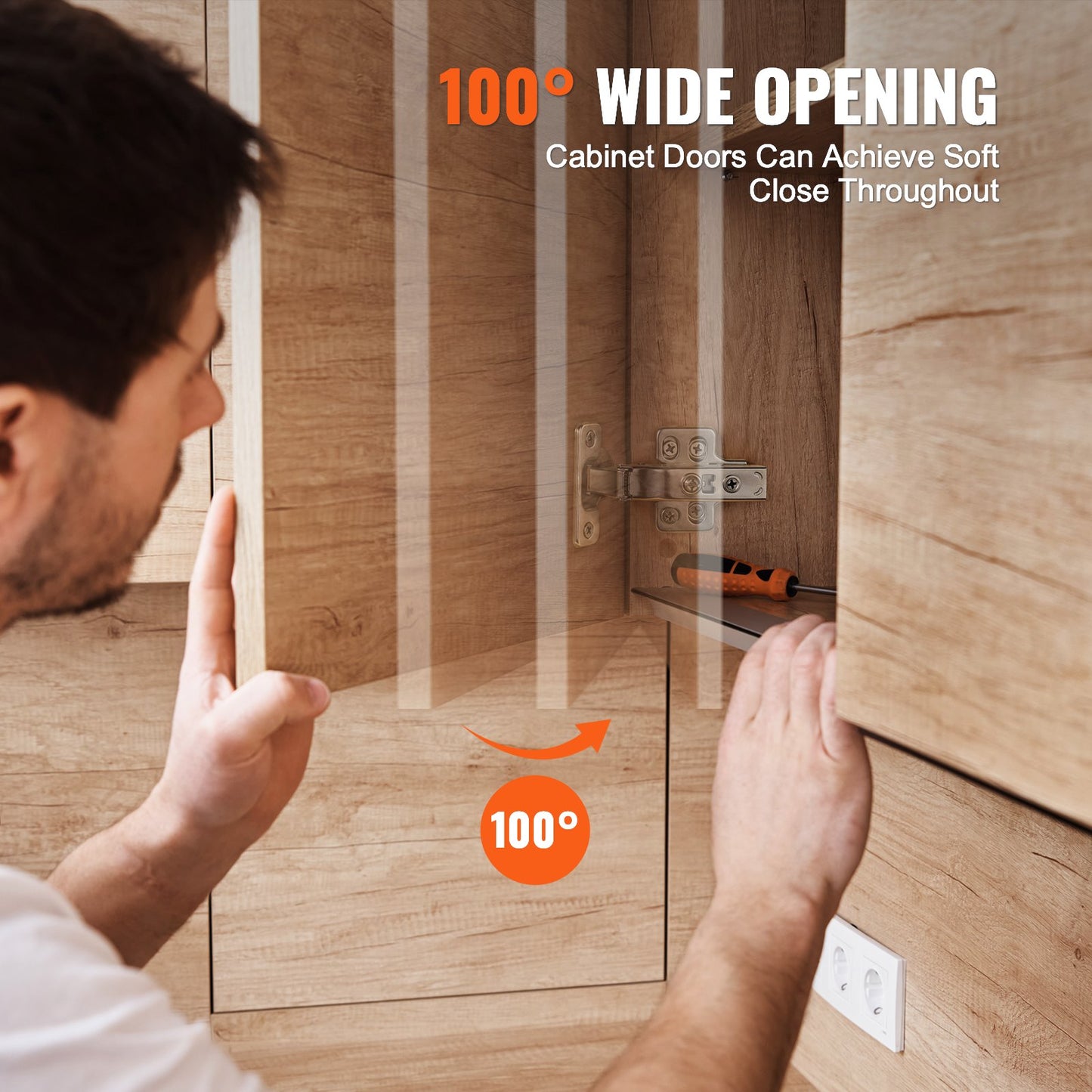 Scharniere für Küchenschränke, 50er-Packung, vollflächige Scharniere für Küchenschranktüren, 100° Öffnungswinkel, sanft schließende, verdeckte Scharniere für rahmenlose Schränke, inklusive Befestigungsschrauben