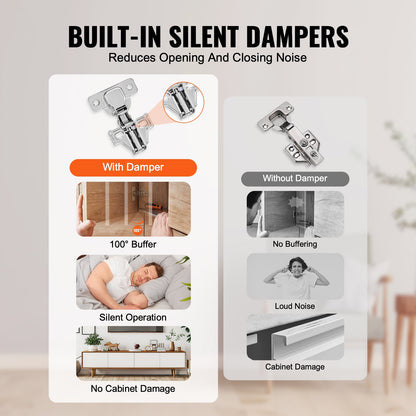 Scharniere für Küchenschränke, 60er-Packung, teilweise aufliegende Scharniere, 100° Öffnungswinkel, Soft-Close-Funktion, verdeckte Scharniere für Schränke mit und ohne Rahmen, inklusive Befestigungsschrauben