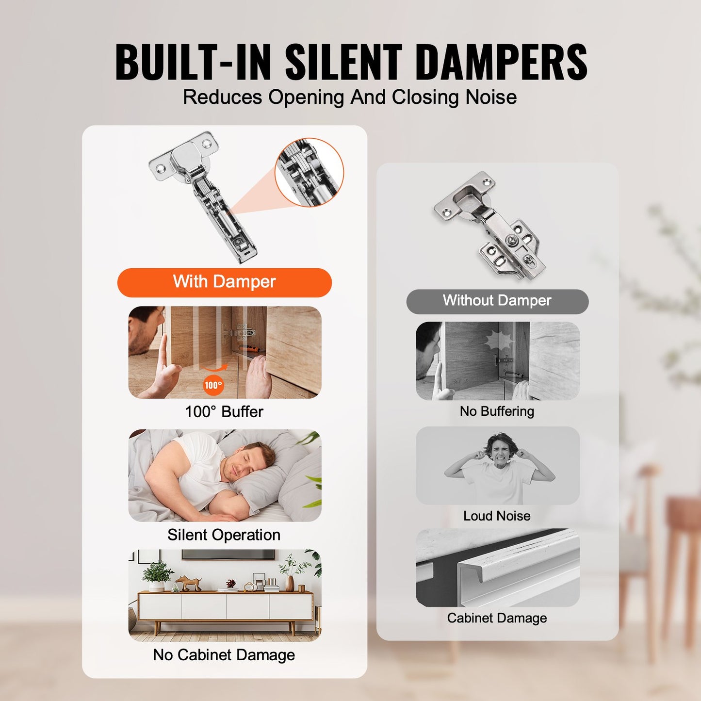 Scharniere für Küchenschränke, 60er-Packung, vollflächige Scharniere für Küchenschranktüren, 100° Öffnungswinkel, sanft schließende, verdeckte Scharniere für rahmenlose Schränke, inklusive Befestigungsschrauben