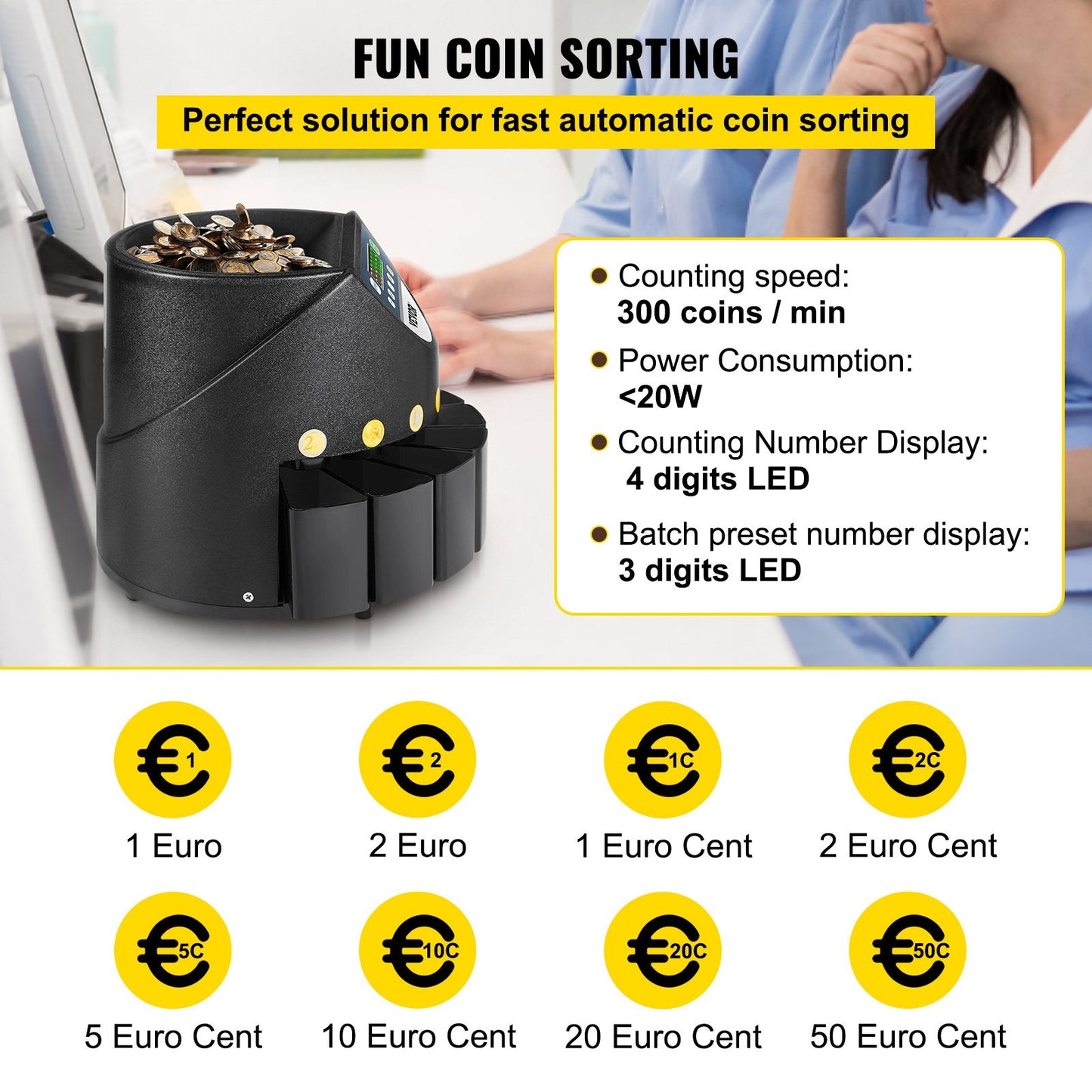 Euro Coin Counter Sorter 500-1000 Coins Electronic Automatic EUR Coin Counting Machine 300 Coins Per Minute with 8 Coin Drawers for School Shop Bank