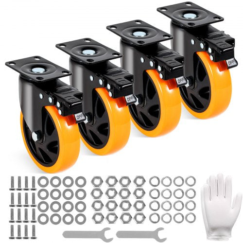 Lenkrollen, 12,7 cm Lenkrollen, 4er-Set, mit Sicherheitsverriegelung A/B, geräuscharme PVC-Räder, hohe Tragkraft von 204,1 kg pro Rolle, abriebfeste Räder für Wagen, Möbel und Werkbänke