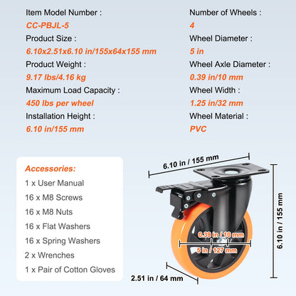 Lenkrollen, 12,7 cm Lenkrollen, 4er-Set, mit Sicherheitsverriegelung A/B, geräuscharme PVC-Räder, hohe Tragkraft von 204,1 kg pro Rolle, abriebfeste Räder für Wagen, Möbel und Werkbänke