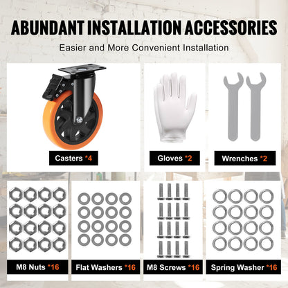 Lenkrollen, 15,2 cm Lenkrollen, 4er-Set, mit Sicherheitsverriegelung A/B, geräuscharme PVC-Räder, hohe Tragkraft von 317,5 kg pro Rolle, abriebfeste Räder für Wagen, Möbel und Werkbänke