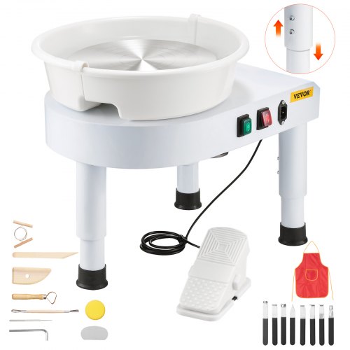 Töpferscheibe, 28 cm Keramikscheibe, Drehzahlregelung per Fußpedal (60–300 U/min), verstellbarer Hubfuß, abnehmbares Becken, komplettes Zubehörset für Kunsthandwerk und Heimwerkerarbeiten, Weiß
