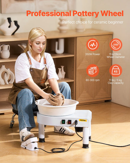 Pottery Wheel, 28 cm Ceramic Wheel Forming Machine, 60-300 RPM Speed Adjustable Foot Pedal, Adjustable Lift Leg, Detachable Basin, Complete Tool Accessory Kit for Work Art Craft DIY, White