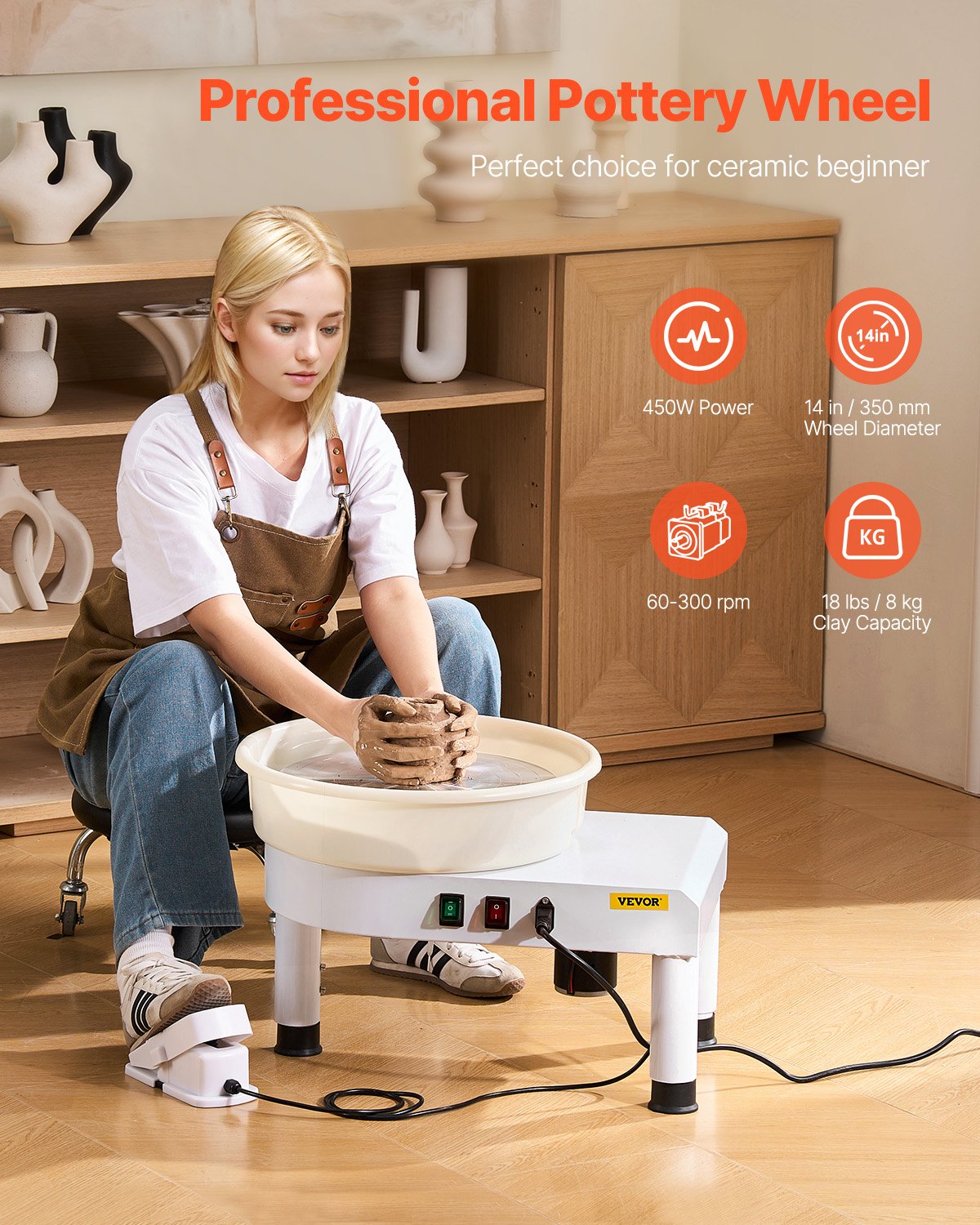 Pottery Wheel, 35 cm Ceramic Wheel Forming Machine, 60-300 RPM Speed Adjustable Foot Pedal, Adjustable Lift Leg, Detachable Basin, Complete Tool Accessory Kit for Work Art Craft DIY, White