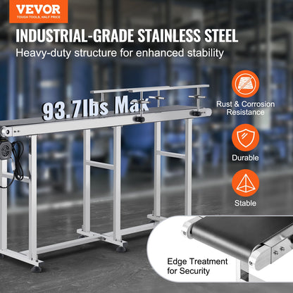 Förderband, 71 x 7,8 Zoll Fördertisch, Hochleistungs-Motorförderband aus Edelstahl für Tintenstrahlcodierungsanwendungen, angetriebenes PVC-Band, antistatisch, einstellbare Geschwindigkeit (doppelte Schutzgeländer)