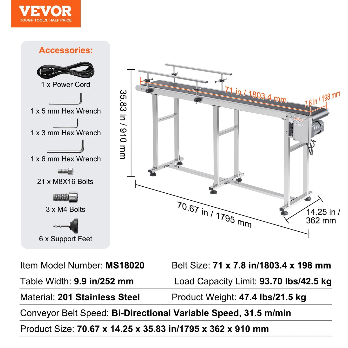Förderband, 71 x 7,8 Zoll Fördertisch, Hochleistungs-Motorförderband aus Edelstahl für Tintenstrahlcodierungsanwendungen, angetriebenes PVC-Band, antistatisch, einstellbare Geschwindigkeit (doppelte Schutzgeländer)