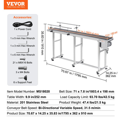 Förderband, 71 x 7,8 Zoll Fördertisch, Hochleistungs-Motorförderband aus Edelstahl für Tintenstrahlcodierungsanwendungen, angetriebenes PVC-Band, antistatisch, einstellbare Geschwindigkeit (doppelte Schutzgeländer)