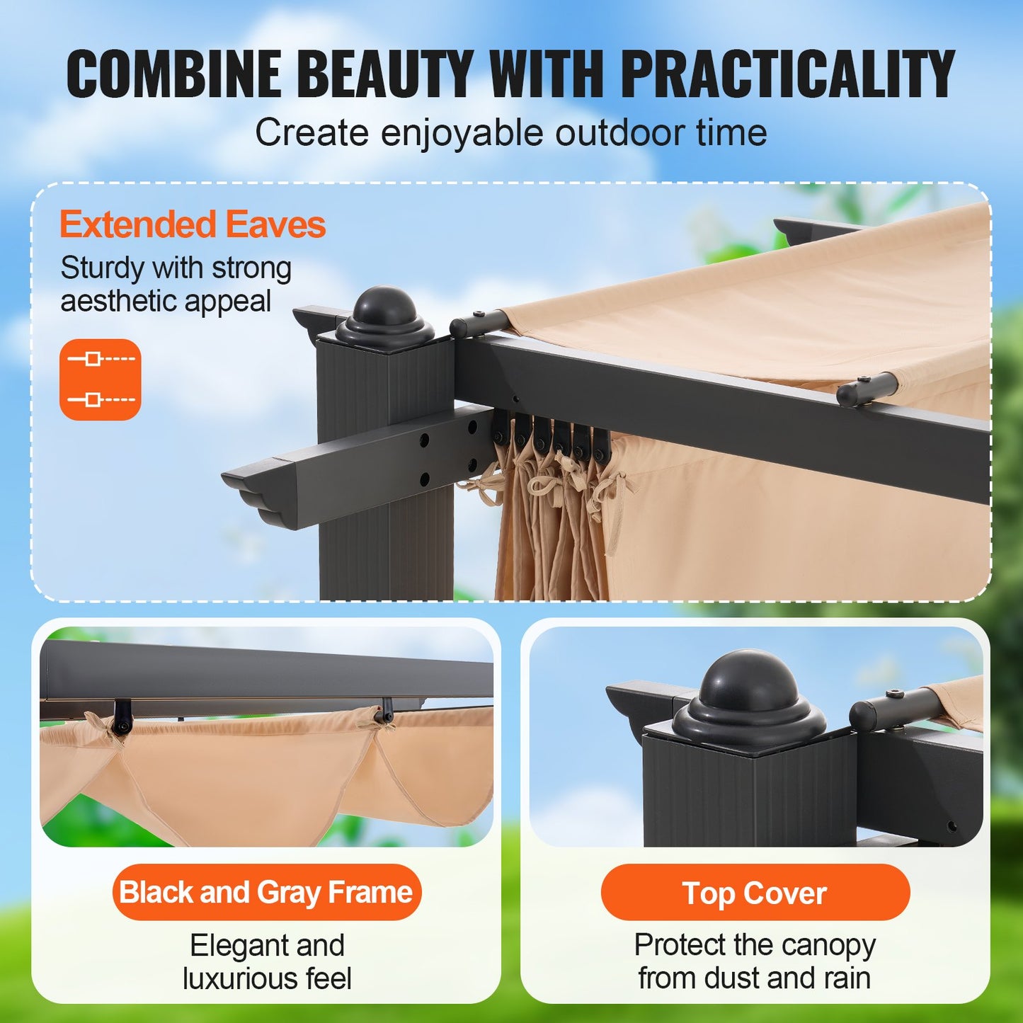 10'x10' (ca. 3 x 3 m) große, einziehbare Pergola mit Sonnendach, Aluminium-Pergola mit einziehbarem Sonnendach, moderne Pergola mit Sonnenschutz für Terrassen, Gärten, Decks und Hinterhöfe (Beige)