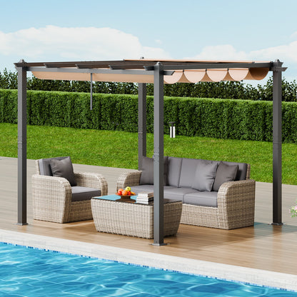 10'x10' (ca. 3 x 3 m) große, einziehbare Pergola mit Sonnendach, Aluminium-Pergola mit einziehbarem Sonnendach, moderne Pergola mit Sonnenschutz für Terrassen, Gärten, Decks und Hinterhöfe (Beige)