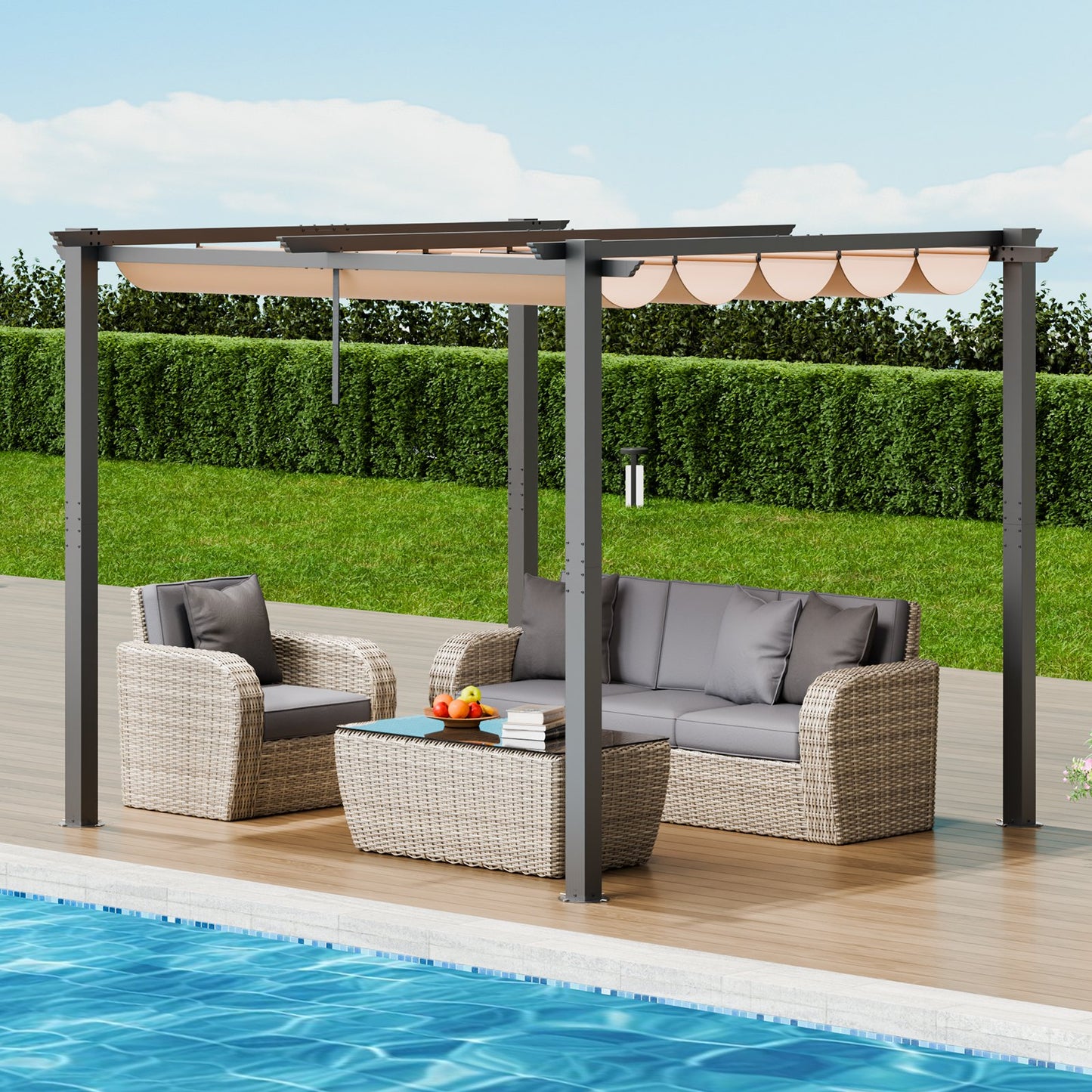 10'x10' (ca. 3 x 3 m) große, einziehbare Pergola mit Sonnendach, Aluminium-Pergola mit einziehbarem Sonnendach, moderne Pergola mit Sonnenschutz für Terrassen, Gärten, Decks und Hinterhöfe (Beige)