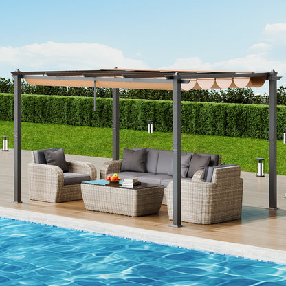 10'x13' (ca. 3 x 4 m) große, einziehbare Pergola mit Sonnendach, Aluminium-Pergola mit einziehbarem Sonnendach, moderne Pergola mit Sonnenschutz für Terrassen, Gärten, Decks und Hinterhöfe (Beige)