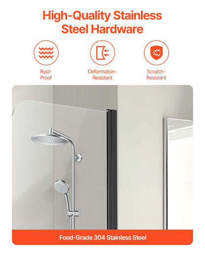 Rahmenlose Duschabtrennung für Badewanne und Badewanne, 86,4 cm B x 139,7 cm H, Halbtür für Badewanne, um 180° drehbare Tür aus Sicherheitsglas, Halbtür mit 6,35 mm starker Duschabtrennung aus Sicherheitsglas, Schwarz