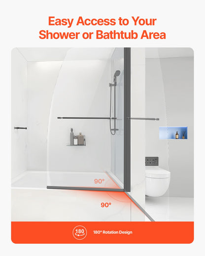 Rahmenlose Duschabtrennung für Badewanne und Badewanne, 86,4 cm B x 139,7 cm H, Halbtür für Badewanne, um 180° drehbare Tür aus Sicherheitsglas, Halbtür mit 6,35 mm starker Duschabtrennung aus Sicherheitsglas, Schwarz