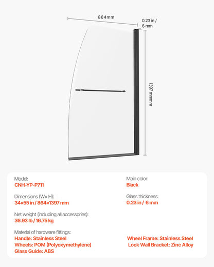 Rahmenlose Duschabtrennung für Badewanne und Badewanne, 86,4 cm B x 139,7 cm H, Halbtür für Badewanne, um 180° drehbare Tür aus Sicherheitsglas, Halbtür mit 6,35 mm starker Duschabtrennung aus Sicherheitsglas, Schwarz