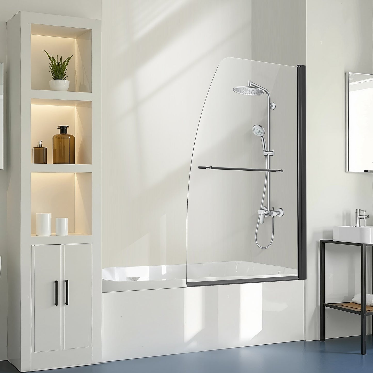 Rahmenlose Duschabtrennung für Badewanne und Badewanne, 86,4 cm B x 139,7 cm H, Halbtür für Badewanne, um 180° drehbare Tür aus Sicherheitsglas, Halbtür mit 6,35 mm starker Duschabtrennung aus Sicherheitsglas, Schwarz