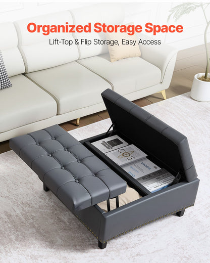 80 cm Square Leather Ottoman with Storage, Upholstered Tufted Button Coffee Table Ottoman with Lift-Top & Flip Design, PU Leather High-Density Sponge for Living Room, Bedroom, Dorm, Grey