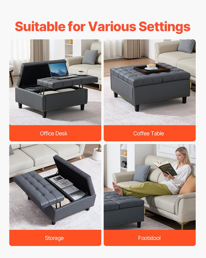 80 cm Square Leather Ottoman with Storage, Upholstered Tufted Button Coffee Table Ottoman with Lift-Top & Flip Design, PU Leather High-Density Sponge for Living Room, Bedroom, Dorm, Grey