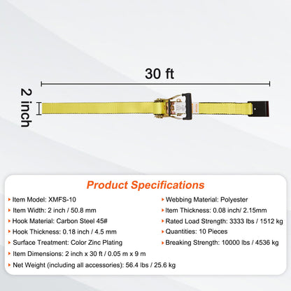 Ratschen-Spanngurte (10er-Pack), 10.000 lb Bruchlast, Endlosratsche mit 10 hochwertigen 2" x 30' Spanngurten, robust, mit Federbeschlägen für den Transport und die Sicherung von Ladung, Haushaltsgeräten und Motorrädern