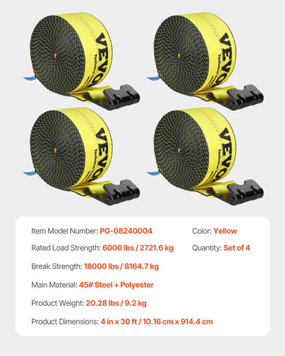 Spanngurte, 4" x 30', 6000 lbs Tragfähigkeit, 18000 lbs Bruchfestigkeit, LKW-Spanngurte mit Flachhaken, Ladungssicherung für Pritschenwagen, Anhänger, Landwirtschaft, Rettungsdienste, Baumschutz, Gelb (4er-Pack)