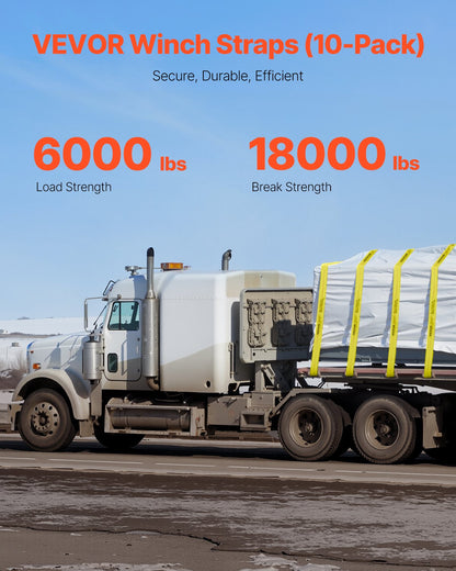 Spanngurte, 4" x 30', 6000 lbs Tragfähigkeit, 18000 lbs Bruchfestigkeit, LKW-Spanngurte mit Flachhaken, Ladungssicherung für Pritschenwagen, Anhänger, Landwirtschaft, Rettungsdienste, Baumschutz, Gelb (10er-Pack)