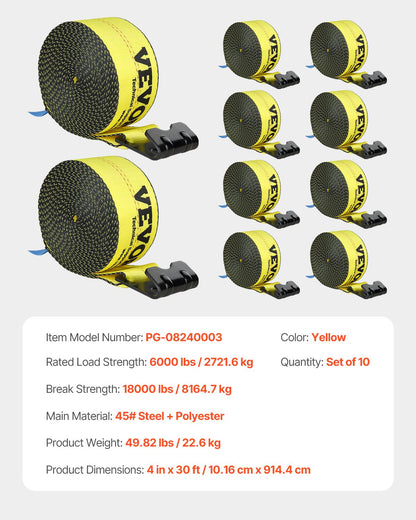 Spanngurte, 4" x 30', 6000 lbs Tragfähigkeit, 18000 lbs Bruchfestigkeit, LKW-Spanngurte mit Flachhaken, Ladungssicherung für Pritschenwagen, Anhänger, Landwirtschaft, Rettungsdienste, Baumschutz, Gelb (10er-Pack)