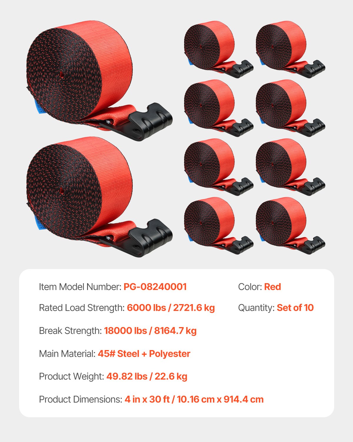 Spanngurte, 4" x 30', 6000 lbs Tragfähigkeit, 18000 lbs Bruchlast, LKW-Spanngurte mit Flachhaken, Ladungssicherung für Pritschenwagen, Anhänger, Landwirtschaft, Rettungsdienste, Baumschutz, Rot (10er-Pack)