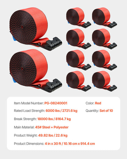 Spanngurte, 4" x 30', 6000 lbs Tragfähigkeit, 18000 lbs Bruchlast, LKW-Spanngurte mit Flachhaken, Ladungssicherung für Pritschenwagen, Anhänger, Landwirtschaft, Rettungsdienste, Baumschutz, Rot (10er-Pack)