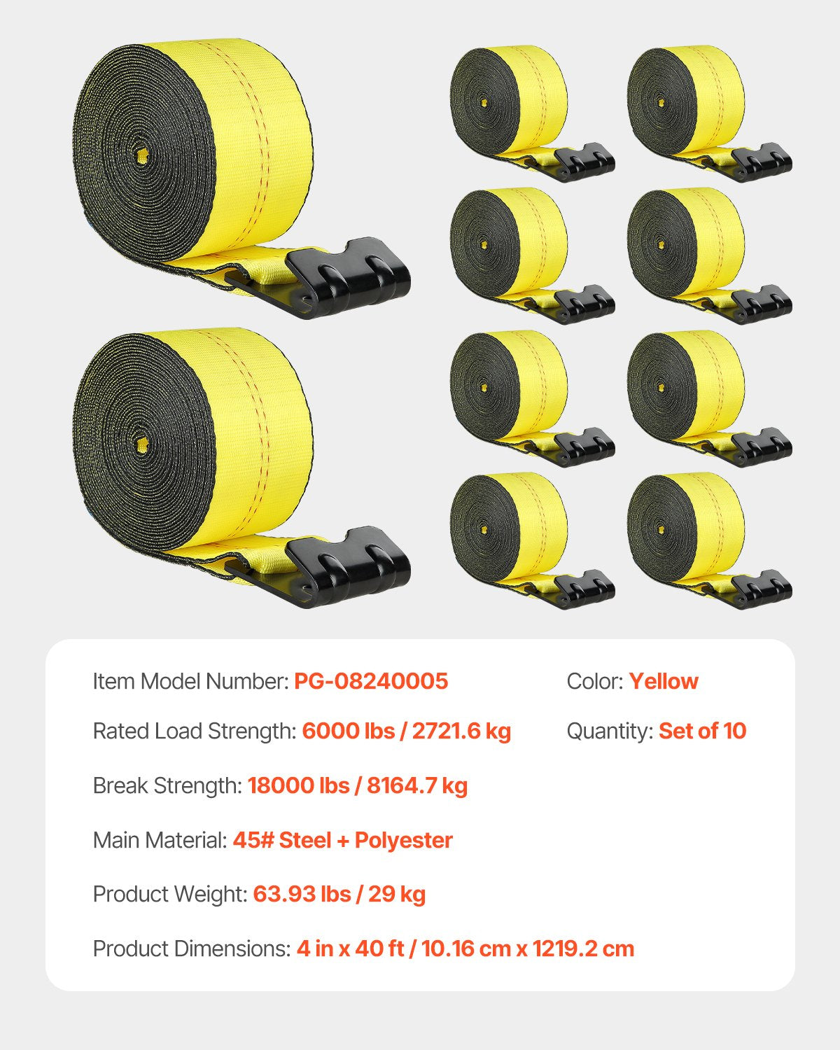 Spanngurte, 4" x 40', 6000 lbs Tragfähigkeit, 18000 lbs Bruchfestigkeit, LKW-Spanngurte mit Flachhaken, Ladungssicherung für Pritschenwagen, Anhänger, Landwirtschaft, Rettungsdienste, Baumschutz, Gelb (10er-Pack)