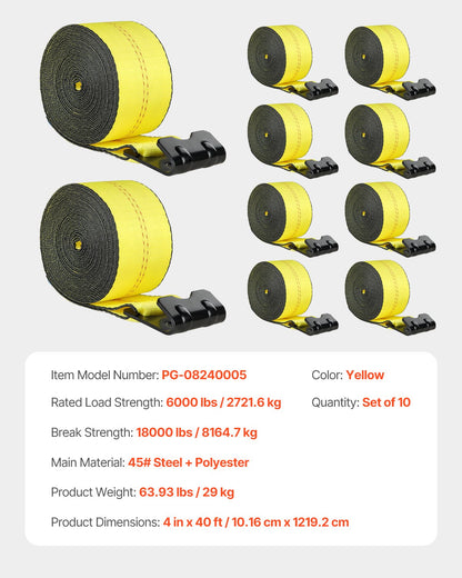 Spanngurte, 4" x 40', 6000 lbs Tragfähigkeit, 18000 lbs Bruchfestigkeit, LKW-Spanngurte mit Flachhaken, Ladungssicherung für Pritschenwagen, Anhänger, Landwirtschaft, Rettungsdienste, Baumschutz, Gelb (10er-Pack)