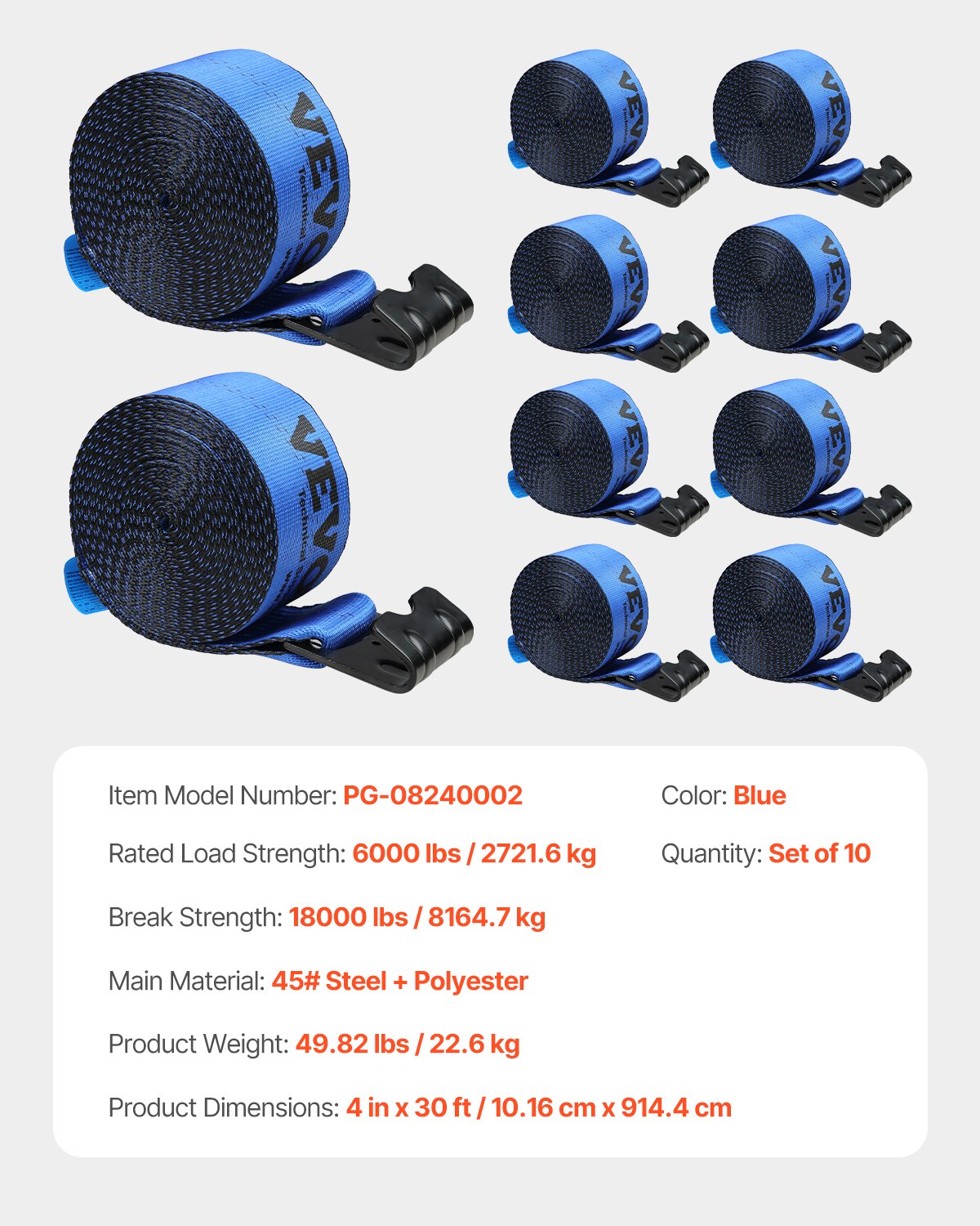 Spanngurte, 4" x 30', 6000 lbs Tragfähigkeit, 18000 lbs Bruchlast, LKW-Spanngurte mit Flachhaken, Ladungssicherung für Pritschenwagen, Anhänger, Landwirtschaft, Rettungsdienste, Baumschutz, Blau (10er-Pack)